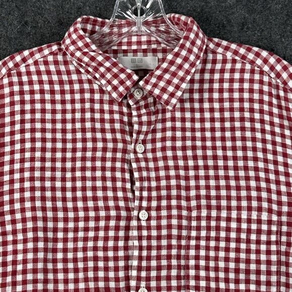 Uniqlo Shirt Men’s Large Red White Checkered 100% Linen Pocket Casual Summer - Picture 2 of 10